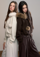 VIA PITTI fleece jacket, Y2K fur hood hoodie, faux fur fleece jacket, winter plush zip jacket, women’s fur ball hoodie, thickened fleece coat, Korean street fleece jacket, cozy winter hoodie, VIA PITTI outerwear, soft girl winter jacket, warm fluffy hood jacket