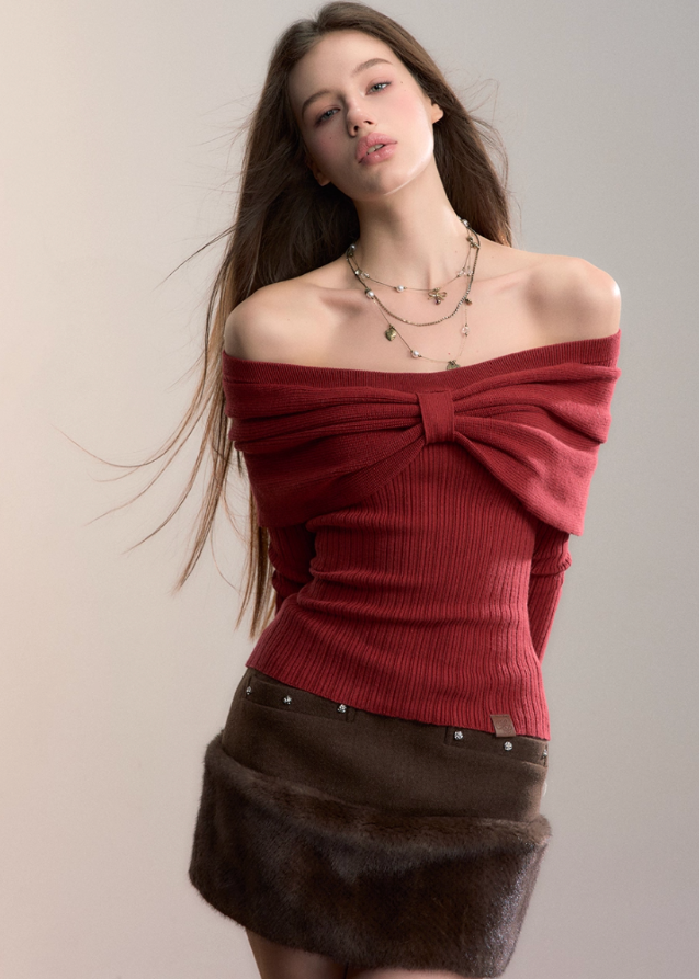 VIA PITTI knit top, Y2K bow sweater, off shoulder knit top, big bow off shoulder shirt, folded bow knitwear, women’s autumn winter knit top, sexy off shoulder long sleeve, Korean street knit top, soft girl sweater, trendy bow sweater, VIA PITTI winter top