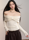 VIA PITTI knit top, Y2K bow sweater, off shoulder knit top, big bow off shoulder shirt, folded bow knitwear, women’s autumn winter knit top, sexy off shoulder long sleeve, Korean street knit top, soft girl sweater, trendy bow sweater, VIA PITTI winter top