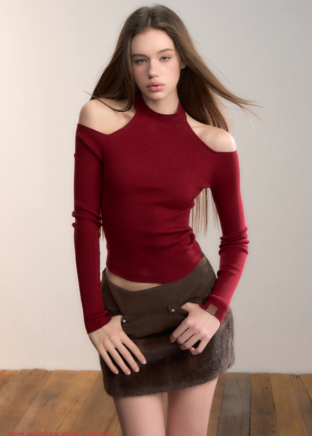 VIA PITTI off shoulder top, cutout turtleneck knit, Y2K wool blend top, sexy slim knitwear women, autumn winter street top, ribbed cut-out turtleneck, Korean Y2K knit top, VIA PITTI slim fit sweater, cold shoulder high neck top