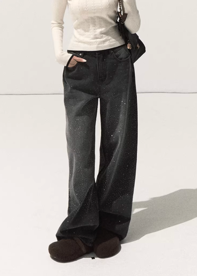 OAKMOO jeans, rhinestone jeans women, vintage washed denim, Korean street style pants, wide-leg straight jeans, sparkly rhinestone denim, winter streetwear outfit, loose casual denim pants, trendy crystal jeans