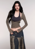 LuluSwings halter top, layered two-piece top, halterneck long sleeve shirt, Korean stylish hot girl top, modern wrap style top, city girl slim long sleeve, sexy clean halter tee, tank and sleeve set top, sleek fitted Korean top, AW stylish layering top, trendy halter layering piece, contour fit halter shirt