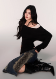 LuluSwings off shoulder top, lace panel long sleeve, Tencel slim fit shirt, Korean stylish off-shoulder tee, feminine cross-shoulder top, elegant casual long sleeve, cinched waist Tencel top, black off shoulder slim tee, white lace shoulder top, modern Korean chic top, soft sexy everyday top, AW layering top women