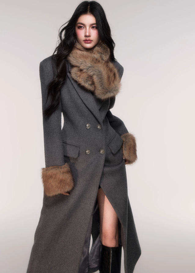 LuluSwings wool coat, hourglass waist coat, detachable fur scarf coat, grey long wool jacket, elegant Korean winter coat, stylish city girl outerwear, luxury silhouette coat, double breasted hourglass coat, faux fur cuff coat, chic long wool coat, winter fashion high-end coat, modern Korean elegant coat, AW luxury outerwear women