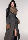 LuluSwings wool coat, hourglass waist coat, detachable fur scarf coat, grey long wool jacket, elegant Korean winter coat, stylish city girl outerwear, luxury silhouette coat, double breasted hourglass coat, faux fur cuff coat, chic long wool coat, winter fashion high-end coat, modern Korean elegant coat, AW luxury outerwear women