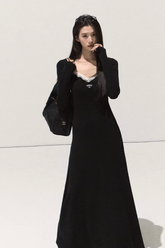 OAKMOO dress, halterneck lace dress, fake two-piece dress, black long sleeve dress, Korean street fashion dress, winter slimming dress, layered lace dress, waist pinched dress, Y2K dark feminine dress, black suspender dress women