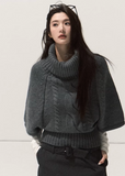 OAKMOO knit sweater, chunky cable knit, turtleneck poncho sweater, winter cape knit top, coarse needle sweater, layered knit pullover, Korean street style knit, vintage cable turtleneck, oversized winter knit, fall winter knitwear women