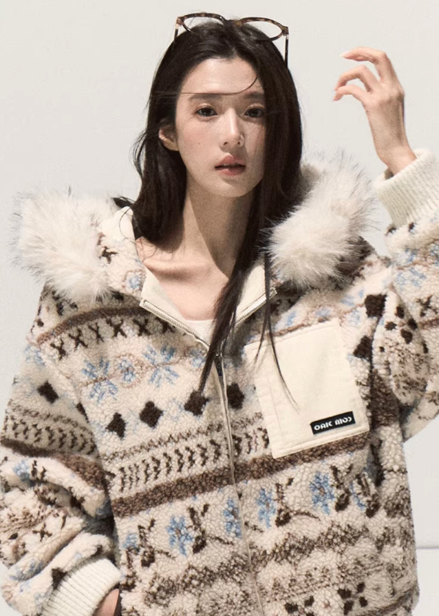 OAKMOO winter jacket, Fair Isle jacquard coat, detachable fur collar hoodie, lambhair hooded jacket, vintage knit jacket women, thick winter short coat, Korean street style winter top, retro jacquard hoodie, fur trim hooded jacket, fall winter outerwear women