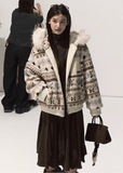 OAKMOO winter jacket, Fair Isle jacquard coat, detachable fur collar hoodie, lambhair hooded jacket, vintage knit jacket women, thick winter short coat, Korean street style winter top, retro jacquard hoodie, fur trim hooded jacket, fall winter outerwear women