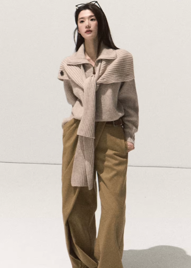 OAKMOO wide leg pants, winter drape trousers, pressed pleat pants women, brushed TR trousers, casual straight long pants, Korean minimalist pants, sculptural tailoring trousers, loose wide leg winter pants, neutral tone trousers women