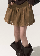 OAKMOO suede skirt, perforated suede skirt, carved hem skirt women, A-line suede mini, fall winter suede skirt, brown suede short skirt, Korean designer suede skirt, sculpted hem skirt, neutral earthy skirts women