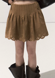 OAKMOO suede skirt, perforated suede skirt, carved hem skirt women, A-line suede mini, fall winter suede skirt, brown suede short skirt, Korean designer suede skirt, sculpted hem skirt, neutral earthy skirts women