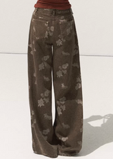 OAKMOO vintage denim, jacquard wide-leg jeans, distressed straight pants women, winter loose denim trousers, Korean designer denim, textured vintage jeans, quiet luxury casual pants, sculptural silhouette jeans, autumn winter warm denim