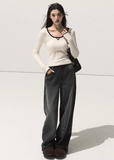 OAKMOO wool knit top, slim winter base layer, soft skin-friendly long sleeve, minimalist knit shirt women, Korean designer knitwear, warm wool top, sculptural slim tee, autumn winter layering top, ivory contrast trim knit
