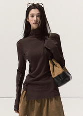 OAKMOO knit top, semi-turtleneck knit, winter slim base layer, brushed soft knitwear, high stretch contour top, Korean designer knit, asymmetric silhouette knit, fall winter layering top, sculpted knit shirt, minimal luxury knitwear