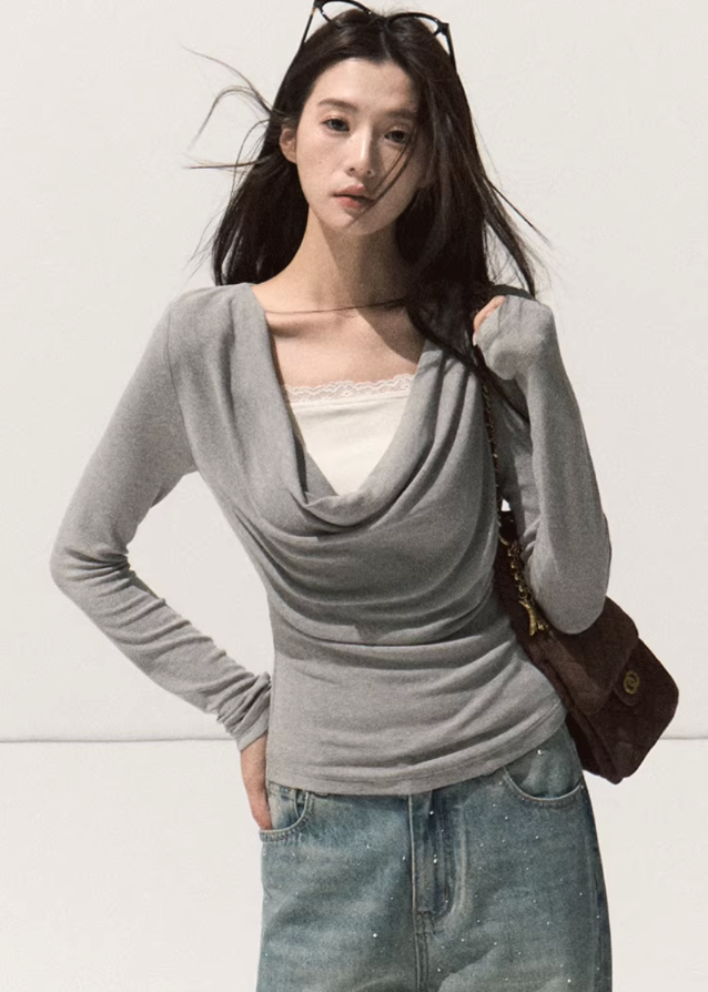 OAKMOO drape knit top, fake two layered top, lace trim knit shirt, fall winter knit base top, stretch slim knitwear, sculptural neckline top, Korean style layered knit, elegant inner top, long sleeve lace knit, soft feminine knitwear
