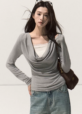 OAKMOO drape knit top, fake two layered top, lace trim knit shirt, fall winter knit base top, stretch slim knitwear, sculptural neckline top, Korean style layered knit, elegant inner top, long sleeve lace knit, soft feminine knitwear