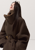 OAKMOO wool wrap coat, mink collar wool jacket, high neck wool coat, belted short tweed coat, sculptural wool outerwear, fall winter luxury coat, Korean style wool jacket, mink trim stand collar coat, brown wool coat women, oversized wool wrap jacket