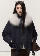 OAKMOO winter jacket, raccoon fur collar coat, brushed denim short jacket, imitation denim padded coat, cropped warm cotton jacket, Korean winter fashion outerwear, thickened cotton padded jacket, boutique winter coat women, fluffy collar denim jacket, winter warm short coat