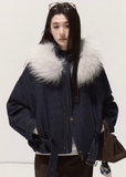 OAKMOO winter jacket, raccoon fur collar coat, brushed denim short jacket, imitation denim padded coat, cropped warm cotton jacket, Korean winter fashion outerwear, thickened cotton padded jacket, boutique winter coat women, fluffy collar denim jacket, winter warm short coat