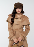 4muggle, camel trench coat, cape trench coat, British style long coat, women’s wool long trench, cape shoulder coat, tweed trench coat, autumn winter coat, elegant long jacket, detective coat style, classic camel wool coat, vintage British fashion, cape design outerwear, slim long coat women, stylish winter coat