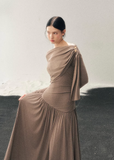 AOMALM long dress, French cool style dress, draped winter dress women, slimming long skirt dress, hip hugging maxi dress, ruched long dress women, elegant winter dress, Korean aesthetic dress, feminine draped dress, modern French style dress, body contour dress women, winter long sleeve dress, minimalist elegant dress
