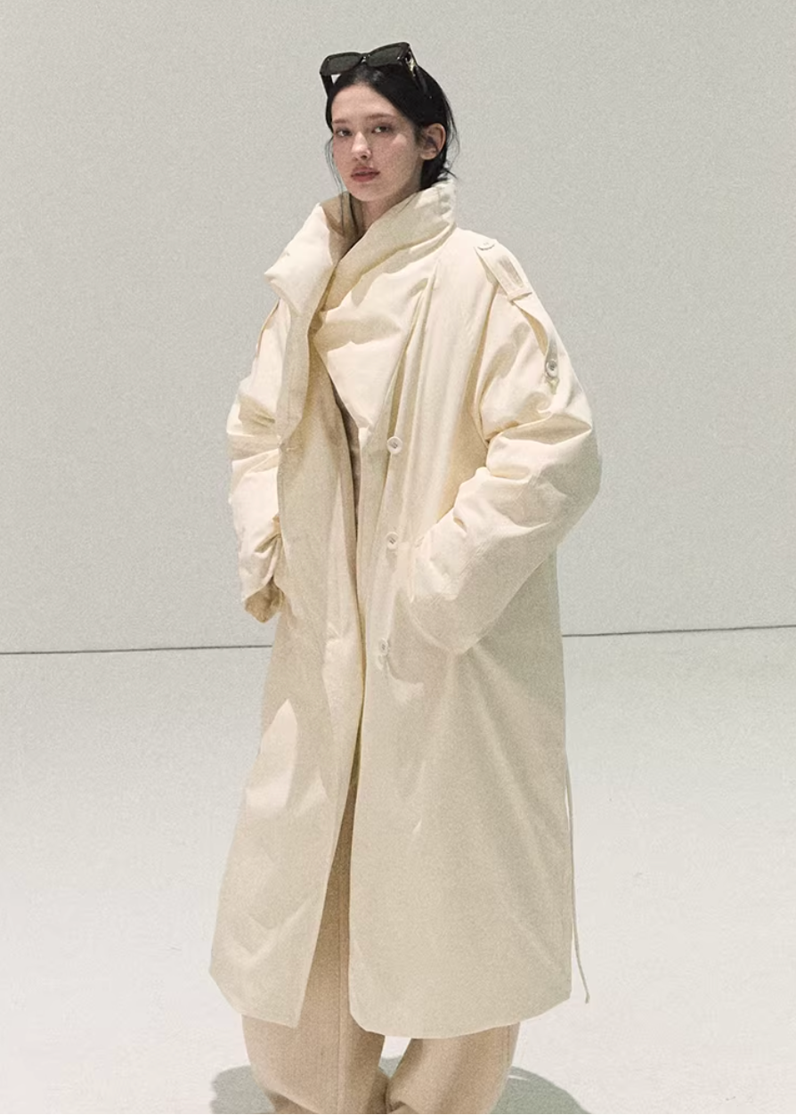 OAKMOO down jacket, white duck down coat, Korean long down jacket, oversized winter coat women, quilted down jacket, minimal Korean outerwear, warm winter parka women, long white down coat, luxury down jacket women, lightweight winter coat, modern Korean fashion coat, winter street style jacket, premium down outerwear, loose fit down jacket, elegant winter coat