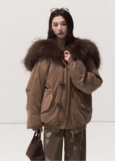 OAKMOO down parka, raccoon fur collar jacket, white duck down parka women, Korean winter parka, luxury fur down coat, detachable fur hood jacket, premium winter outerwear women, Finnish fur down jacket, warm winter parka women, oversized Korean parka, cold weather down jacket, stylish winter coat women, hooded down parka, snow-ready winter jacket, designer Korean outerwear