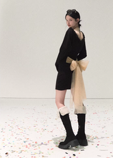 OAKMOO knit dress, Korean winter knit dress, long sleeve knit mini dress, bow back knit dress, Christmas knit dress women, feminine winter dress, slim fit knit dress, Korean stylish dress, warm winter mini dress, soft knit dress women, holiday knit dress, elegant Korean fashion, winter outfit women, cozy knit dress, chic winter dress