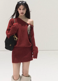 OAKMOO red knit dress, Christmas knit dress women, Korean winter mini dress, one shoulder knit dress, scarf detail knit dress, festive winter dress, slim fit knit dress, holiday outfit women, Korean stylish dress, warm wool knit dress, red winter dress, feminine knit mini dress, Christmas gift dress women, chic winter knit dress