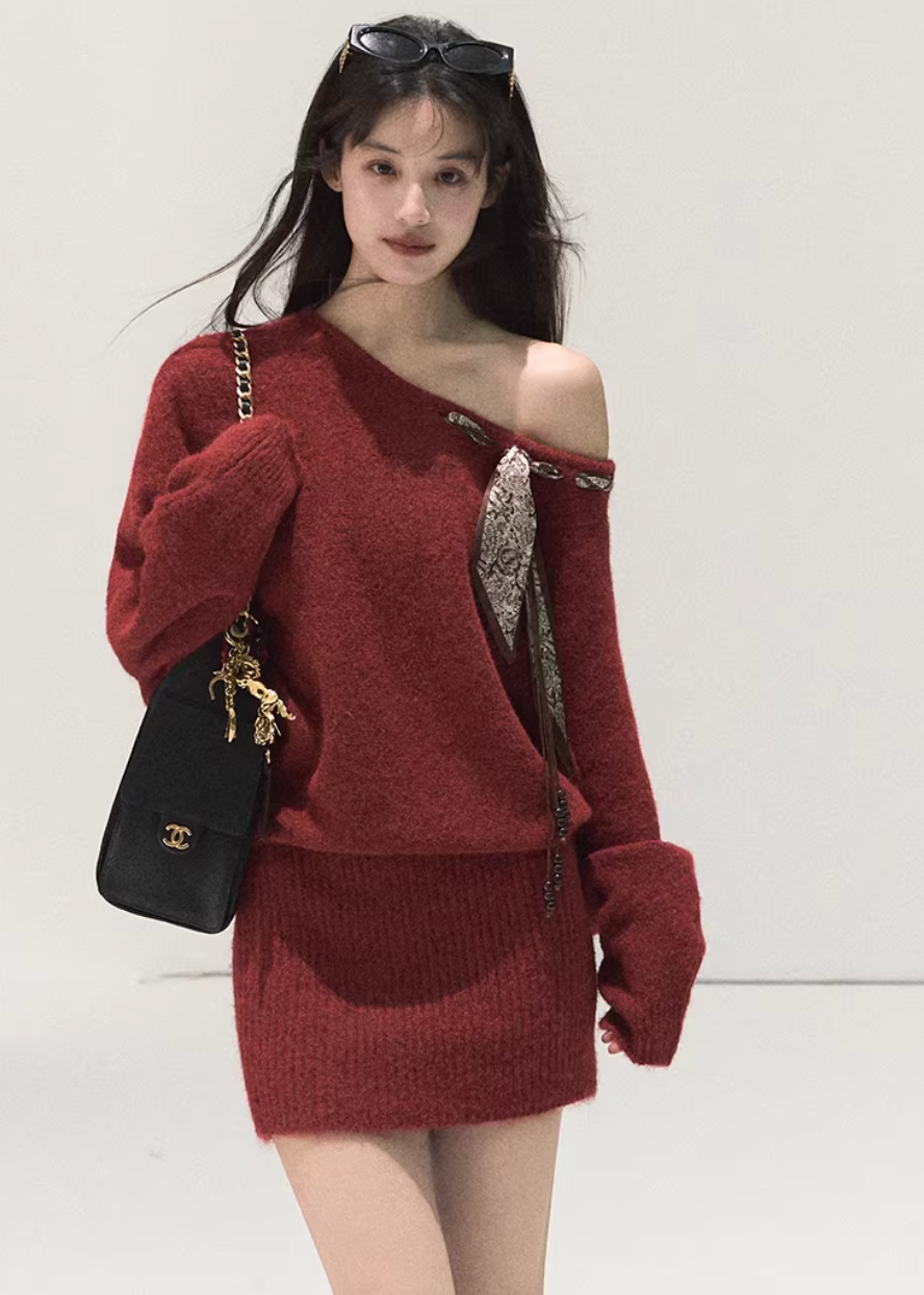OAKMOO red knit dress, Christmas knit dress women, Korean winter mini dress, one shoulder knit dress, scarf detail knit dress, festive winter dress, slim fit knit dress, holiday outfit women, Korean stylish dress, warm wool knit dress, red winter dress, feminine knit mini dress, Christmas gift dress women, chic winter knit dress
