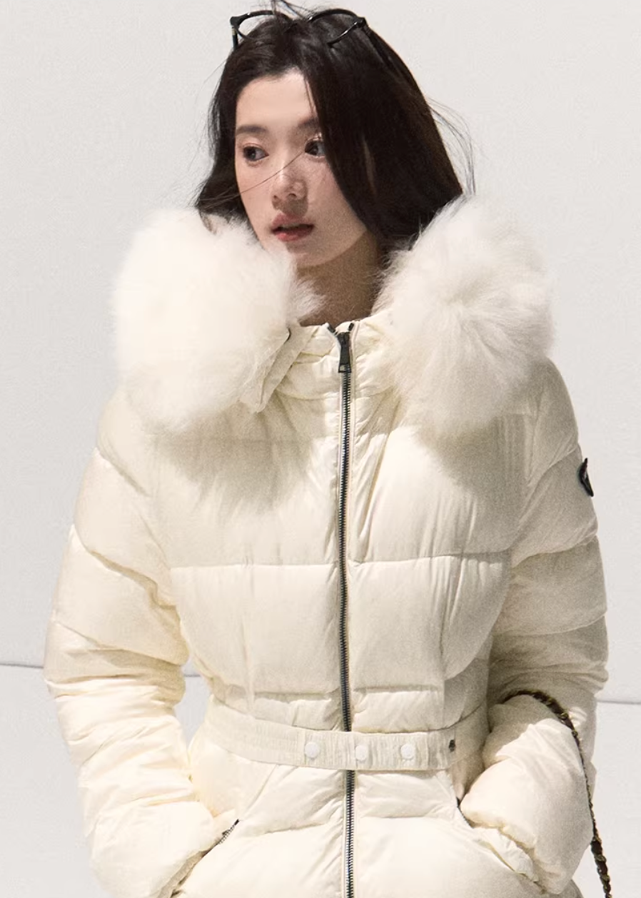 OAKMOO down jacket, white duck down jacket women, Korean luxury down coat, fur collar down jacket, hooded down jacket women, white winter down coat, OAKMOO winter outerwear, imitation fox fur jacket, waist slimming down jacket, elegant Korean winter coat, women’s luxury down jacket