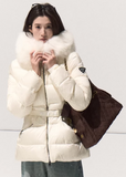 OAKMOO down jacket, white duck down jacket women, Korean luxury down coat, fur collar down jacket, hooded down jacket women, white winter down coat, OAKMOO winter outerwear, imitation fox fur jacket, waist slimming down jacket, elegant Korean winter coat, women’s luxury down jacket