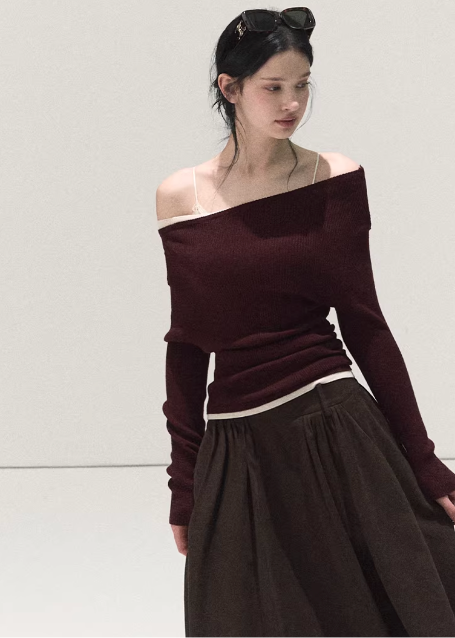 OAKMOO knit top, slanted shoulder top women, asymmetric knit top, Korean winter top, slim fit knit shirt, long sleeve knit top women, OAKMOO winter collection, Christmas knit top, women’s bottoming top, Korean style layering top, off shoulder knit top, winter inner top women