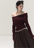 OAKMOO knit top, slanted shoulder top women, asymmetric knit top, Korean winter top, slim fit knit shirt, long sleeve knit top women, OAKMOO winter collection, Christmas knit top, women’s bottoming top, Korean style layering top, off shoulder knit top, winter inner top women