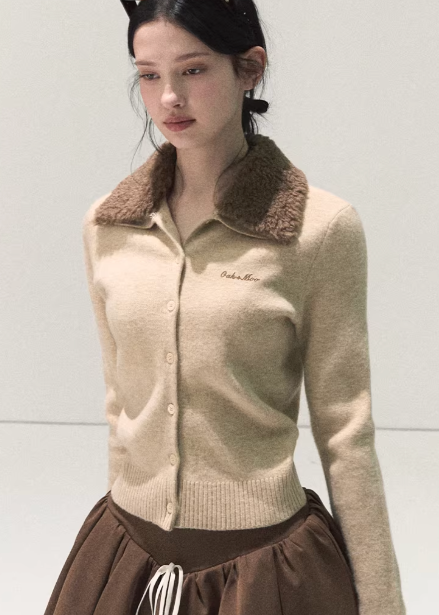 OAKMOO knit cardigan, wool cardigan women, detachable fur collar sweater, embroidered knit cardigan, Korean style winter cardigan, women’s wool sweater, OAKMOO winter collection, slim fit knit cardigan, faux fur collar sweater, elegant winter knitwear, button front wool cardigan, feminine Korean fashion