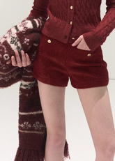 OAKMOO shorts, wool mini shorts, winter wool shorts women, holiday wool shorts, Korean winter shorts, Christmas outfit shorts, high waist wool shorts, tailored mini shorts, festive winter fashion, OAKMOO bottoms, warm short slacks women, Korean chic winter wear