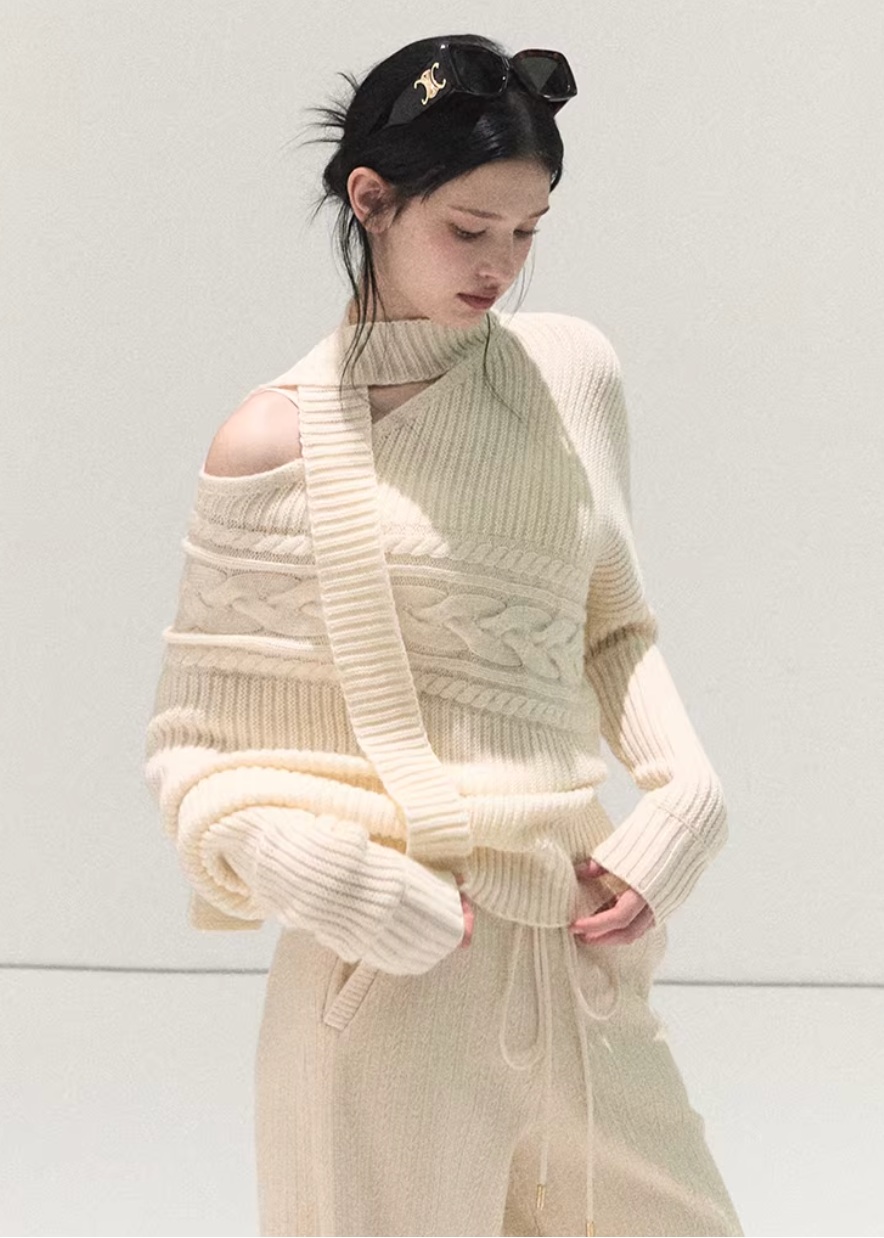 OAKMOO sweater, off shoulder knit sweater, wool knit top women, Korean lazy style sweater, asymmetric knit top, winter warm sweater women, scarf knit sweater, slanted shoulder sweater, OAKMOO winter top, minimalist Korean fashion, cozy wool sweater, women winter knitwear
