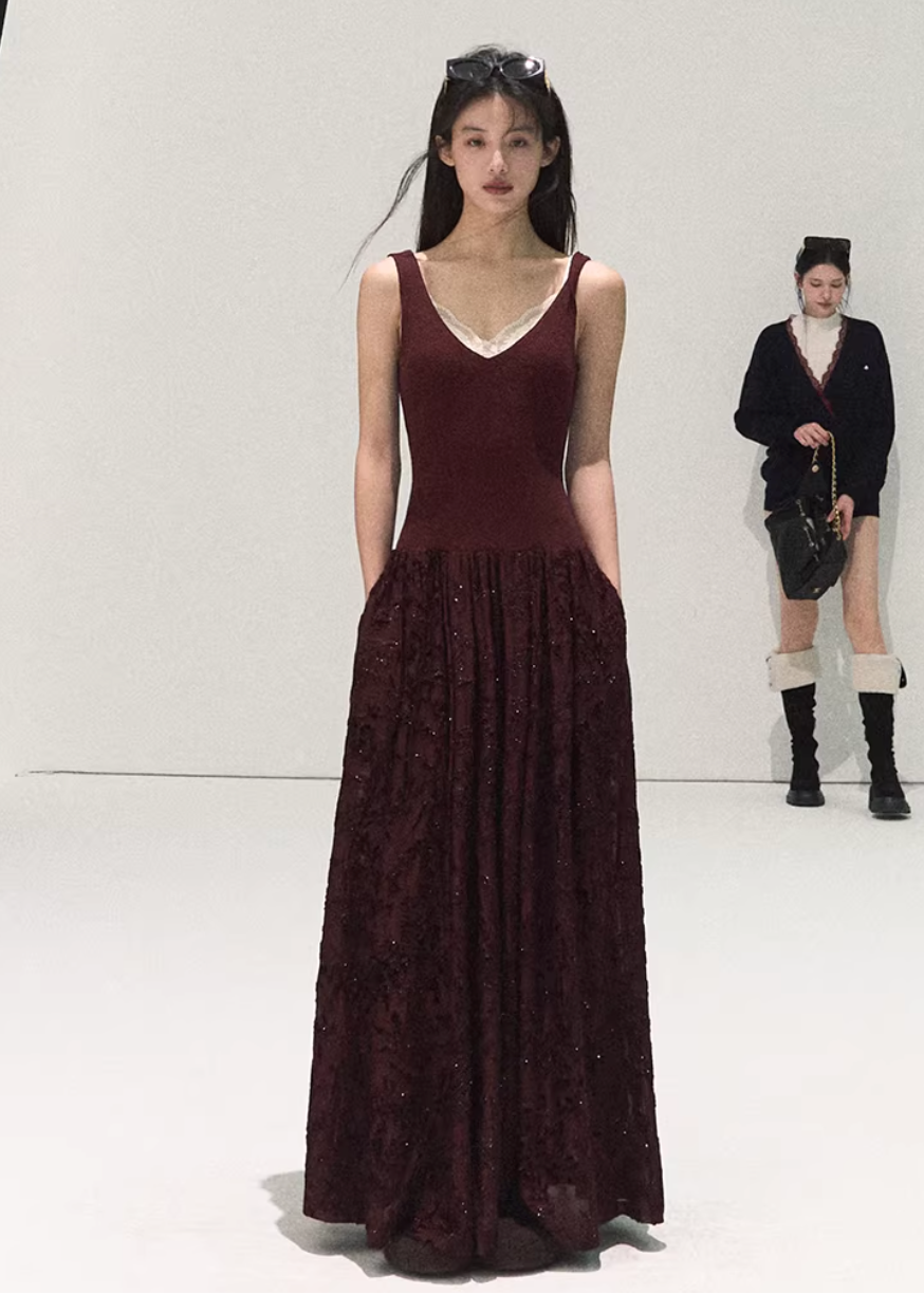 OAKMOO silk dress, jacquard camisole dress, long slip dress women, Korean elegant dress, autumn winter maxi dress, silk touch long dress, minimalist Korean fashion, OAKMOO dress collection, layered winter dress, women temperament dress, refined evening dress, soft drape maxi dress