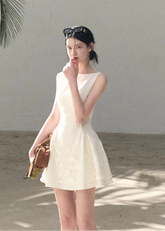 OAKMOO party dress, wool blend mini dress, embossed flower dress, Korean luxury dress, New Year party dress women, rich daughter style dress, elegant A-line dress winter, floral jacquard dress, minimalist party dress, OAKMOO winter dress, refined Korean aesthetic dress