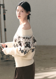 OAKMOO knit sweater, Fair Isle sweater women, Korean wool sweater, off shoulder knit top, winter knit sweater women, gold thread knit, OAKMOO winter top, Korean aesthetic sweater, soft luxury knitwear, Fair Isle pattern sweater, elegant casual winter top