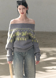 OAKMOO knit sweater, Fair Isle sweater women, Korean wool sweater, off shoulder knit top, winter knit sweater women, gold thread knit, OAKMOO winter top, Korean aesthetic sweater, soft luxury knitwear, Fair Isle pattern sweater, elegant casual winter top