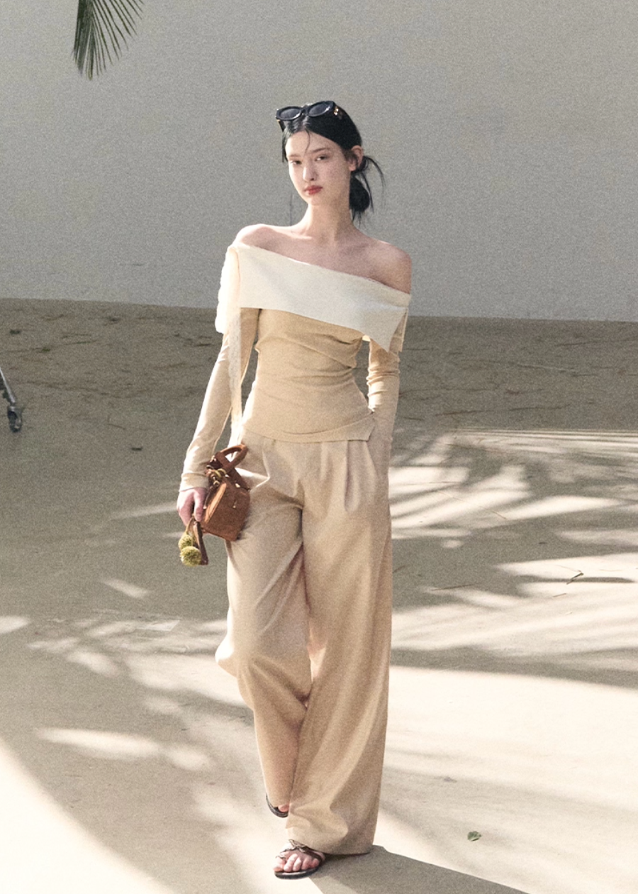 OAKMOO two piece set, Korean one shoulder top, off shoulder top women, wide leg pants set, Korean minimal outfit, spring two piece set women, asymmetric top Korean style, OAKMOO spring wear, elegant casual set women, Korean chic outfit, loose wide leg pants women, modern feminine set
