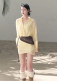 OAKMOO shirt dress, Korean spring dress women, silk scarf waist dress, jacquard waist dress, long sleeve shirt dress, minimalist Korean fashion, elegant short dress women, spring shirt dress Korean style, OAKMOO women clothing, soft feminine dress, coastal style dress women, adjustable waist dress