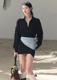 OAKMOO shirt dress, Korean spring dress women, silk scarf waist dress, jacquard waist dress, long sleeve shirt dress, minimalist Korean fashion, elegant short dress women, spring shirt dress Korean style, OAKMOO women clothing, soft feminine dress, coastal style dress women, adjustable waist dress