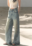 OAKMOO jeans, Korean embroidered denim, laser cut jeans women, floral perforated denim, vintage wash jeans women, loose fit jeans Korean style, spring denim women, luxury embroidered jeans, wide leg denim women, OAKMOO spring collection, feminine denim pants, old style jeans women