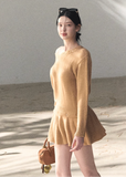 OAKMOO knit dress, Korean one shoulder dress, off shoulder knit dress, spring knit dress women, wool blend short dress, Korean chic dress, asymmetric neckline dress, OAKMOO spring collection, minimalist knit dress, feminine short dress, Korean style knitwear, elegant casual dress women