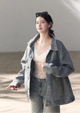 denim work jacket women, crystal denim jacket, embellished denim outerwear, korean utility jacket, mid length denim jacket, heavyweight denim jacket, modern women denim, casual chic denim jacket, premium denim outerwear, relaxed fit denim jacket, subtle sparkle jacket, everyday denim layer, structured denim jacket, oakmoo denim style, contemporary women jacket