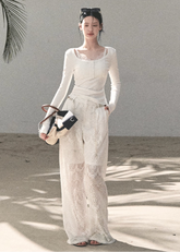 crochet lace pants women, cutout lace slacks, breathable summer pants, korean minimal trousers, wide leg lace pants, lightweight women pants, elegant summer bottoms, modern feminine pants, airy lace trousers, premium crochet pants, resort style pants women, spring summer slacks, versatile lace pants, oakmoo pants style, refined casual bottoms