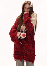 oversized knit jacket women, red chunky cardigan, y2k knit sweater jacket, mixed yarn knit top, loose fit winter sweater, street style knitwear women, midi length cardigan, fashion statement sweater, bow button knit jacket, trendy autumn winter knit, mamc knit style, cozy oversized sweater, high fashion street knit, casual winter cardigan, y2k fashion sweater